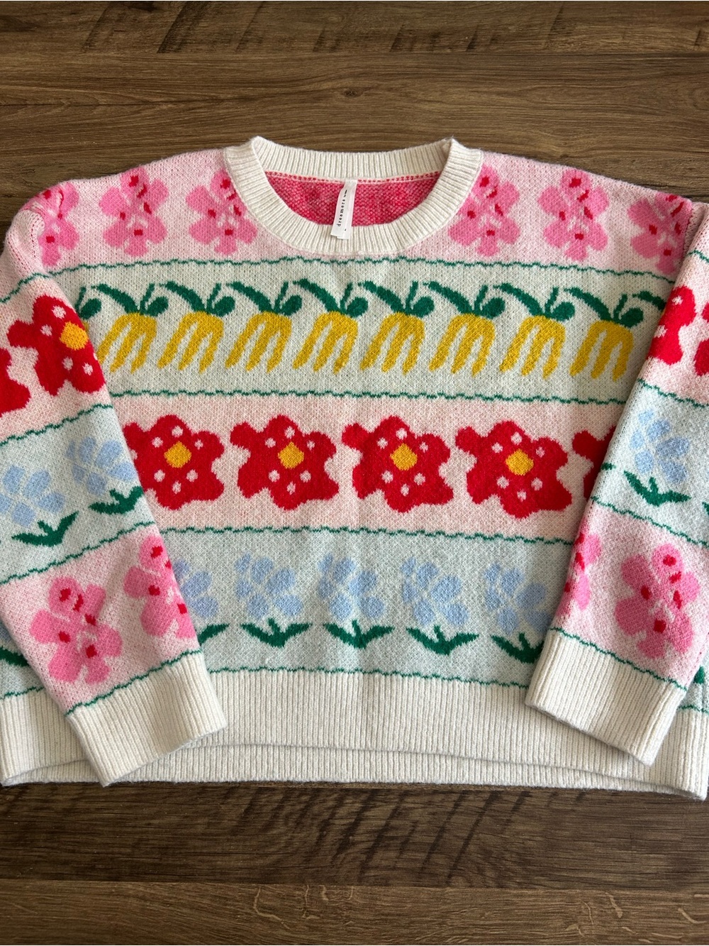 Dreamers by Debut Floral Banana Fairisle Knit Cottagecore Crewneck Sweater Large